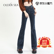 OLDER SEA微喇牛仔褲女秋季2025新款小個(gè)子喇叭褲女復(fù)古高腰顯瘦闊腿褲子女 藍(lán)灰色 加絨 M 建議99-110斤