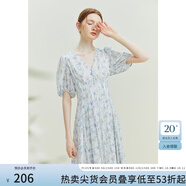 范思藍(lán)恩23FS12521茶歇法式雪紡碎花連衣裙女夏V領(lǐng)海邊度假長(zhǎng)裙子 白底紫花 M