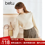 betu百圖女裝毛針織衫圓領(lǐng)提花長(zhǎng)袖木耳邊長(zhǎng)袖針織衫女2210T22 米白 S