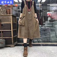 美安嘉秋冬燈芯絨背帶裙女寬松中長(cháng)款斜襟文藝復古顯瘦條絨連衣裙女 咖啡色 S