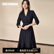 ROEYSHOUSE羅衣氣質(zhì)西裝領(lǐng)連衣裙秋裝新款知性條紋中長(zhǎng)裙05268 條紋 L