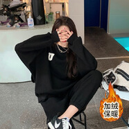 S.SOFEA加絨加厚女運(yùn)動套裝秋冬衛(wèi)衣長褲小香風(fēng)兩件套 黑色 XL