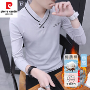 皮爾卡丹（pierre cardin）秋冬長(cháng)袖T恤男士V領(lǐng)內搭打底衫百搭重磅純棉半高領(lǐng)假兩件衣黑體恤 T88淺灰 加絨 M