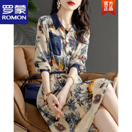 羅蒙輕奢 2021新款秋季時(shí)尚百搭氣質(zhì)印花翻領(lǐng)優(yōu)雅長(cháng)袖連衣裙女 圖片色 建議拍小一碼 S
