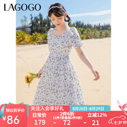 lagogo法式方領(lǐng)泡泡袖連衣裙女拉谷谷春夏新款碎花系帶收腰長(zhǎng)裙 混色（Y0） L 165/40