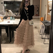 她芙（tafu）品牌女裝法式小香風(fēng)連衣裙女2025春秋新款V領(lǐng)網(wǎng)紗蛋糕裙兩件套裙 圖片色 L