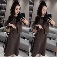 2025秋季新款韓版時(shí)尚套裝PU馬甲條紋連衣裙皮馬甲休閑長(cháng)裙兩件套 咖色（馬甲+裙子） M （建議80-98斤）卡碼拍大