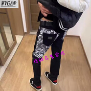 wvga秋季新款刺繡字母牛仔褲男網(wǎng)紅同款潮牌百搭修身小腳直筒九分褲子 黑色 拼接字母OG （高質(zhì)量） 28