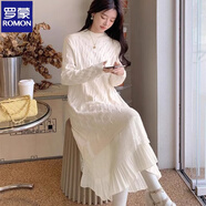 羅蒙（ROMON）秋冬毛衣裙女寬松中長(cháng)款過(guò)膝連衣裙加絨加厚洋氣內搭針織打底衫潮 編碼AO米白色 S 建議85-99斤