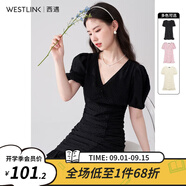 西遇V領(lǐng)泡泡袖連衣裙女2024年早夏新款法式褶皺收腰修身包臀裙子七夕 黑色 M