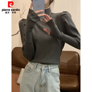 皮爾卡丹（pierre cardin）灰色正肩泡泡袖半高領(lǐng)針織衫女秋冬洋氣毛衣內(nèi)搭打底上衣 灰色 S (80-95斤)