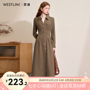 西遇復古簡(jiǎn)約設計感翻領(lǐng)長(cháng)袖連衣裙女2024秋冬保暖磨毛百褶長(cháng)裙七夕 駝色 L
