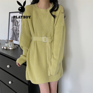 花花公子（PLAYBOY）韓版收腰顯瘦毛衣裙女中長款洋氣圓領(lǐng)套頭針織打底衫配腰帶連衣裙 黃綠色 關(guān)注店鋪優(yōu)先發(fā)貨官方旗 S 【80斤以下】