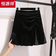恒源祥魚(yú)尾裙短裙金絲絨半身裙女2025秋冬新款高腰a字裙荷葉邊包臀裙子 黑色 M