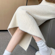 贏(yíng)鎮加厚水貂絨針織半身裙女秋冬季腰a字包臀半裙開(kāi)叉一步裙配毛衣 米白色 S