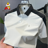 稻草人高端品牌拼接冰絲polo衫短袖男夏季寬松休閑運動(dòng)短袖翻領(lǐng)t恤男薄 米白 M