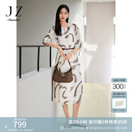 玖姿·安娜蔻度假風(fēng)簡(jiǎn)雅通勤幾何印花雪紡收腰連衣裙女2025夏季新款 花咖啡 M