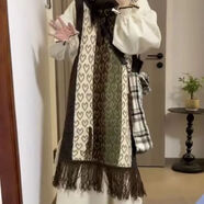 西垂宮（XiChuiGong）愛(ài)心拼色針織無(wú)袖背心裙子女秋冬新款女學(xué)生中長(cháng)款顯瘦小個(gè)子字裙 花色背心裙+白色連衣裙 兩件套 S