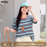 MsShe【全棉】大碼女裝2025夏裝胖mm彩色條紋提花正肩短袖T恤上衣 北歐藍色現貨 5XL