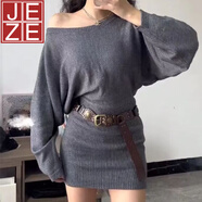 JEZE韓系純色露肩寬松長(zhǎng)袖包臀裙女秋冬新款通勤顯瘦韓版針織連衣裙 灰色裙子(含皮帶) L 建議100-115斤