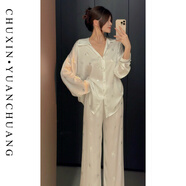 絲可蕊睡衣女夏季2026年新款冰絲性感薄款寬松襯衫短裙短褲套裝家居服 長(cháng)褲長(cháng)袖 M 80-100斤