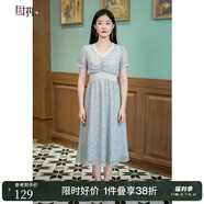 固執(zhí)（OBSTINATE）【特價】夏季新款法式v領(lǐng)短袖碎花中長連衣裙32412LQ06625 淺藍(lán)碎花 XL