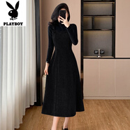 花花公子（PLAYBOY）新品法國風(fēng)格羊毛吊帶裙兩件套秋冬新款底褲襯衫吊帶裙長裙套裝 單黑色背帶裙-旗艦款 S
