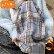 棉致毛呢格子褲子女春秋季新款寬松闊腿高腰運動休閑衛(wèi)褲 687青色【不加絨高品質(zhì)】 S 80-90斤
