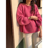HUALIN FASHION洋氣黃針織衫2025女初秋慵懶風(fēng)粗棒針套頭毛衣外穿 粉色 玫紅 2XL 建議130-150斤