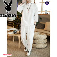 花花公子（PLAYBOY）中國風(fēng)男裝棉麻套裝中式漢服復古風(fēng)七分袖亞麻短袖T恤居士茶禪服  白色 5XL 【建議體重200-220斤】