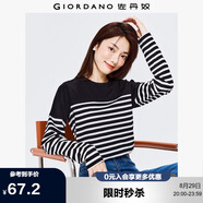 佐丹奴T恤女純棉條紋海軍風?；晟篱_叉下擺圓領長袖t恤女13322802