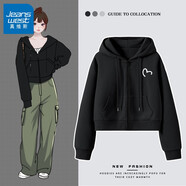 真維斯酒紅色連帽衛衣外套女春秋季2025小個(gè)子拉鏈短款開(kāi)衫X 黑色 愛(ài)心線(xiàn)白_k S