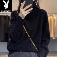 花花公子（PLAYBOY）鄂爾多斯市專(zhuān)柜撤回針織衫高領(lǐng)女秋冬寬松亮片加厚毛衣上衣 黑色 均碼 80-140斤可穿