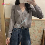 GPHF日本薄款針織外套女春秋韓版寬松毛衣外穿短款百搭V領(lǐng)打底衫上衣 灰色 S