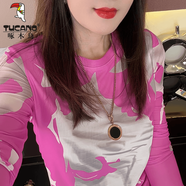 啄木鳥春秋新款打底衫女韓國天絲針織長袖襯衫圓領上衣外穿氣質小衫洋氣 玫紅色 8003# M 【建議80-100斤】