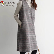 啄木鳥(niǎo)2026秋冬新款復古千鳥(niǎo)格毛呢背心裙女寬松顯瘦V領(lǐng)無(wú)袖呢子連衣裙 圖片色[御姐風(fēng)連衣裙/小個(gè)子/溫柔風(fēng)/垂墜感/韓系 M 【建議80-95斤】