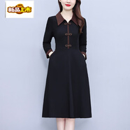 初徑氣質(zhì)減齡秋冬連衣裙新款長(cháng)袖修身顯瘦中長(cháng)款大碼胖改良旗袍裙子 2396黑色  L 90-105斤
