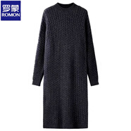 羅蒙（ROMON）法式復古高領(lǐng)麻花針織連衣裙女秋冬寬松毛衣內搭打底長(cháng)裙子 黑色 S 建議80-95斤