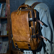 GPHF日本復古牛皮雙肩包男女新潮流旅行包真皮電腦包大容量戶(hù)外登山包 咖啡色 可放15-18寸電腦