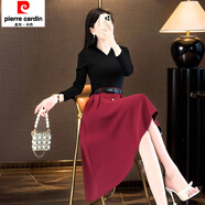 皮爾卡丹（pierre cardin）番茄系穿搭2025年秋季通勤風(fēng)拼接假兩件a字收腰大擺長(cháng)袖子連衣裙 酒紅色 S