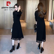 皮爾卡丹蕾絲針織連衣裙中長(cháng)款女秋冬配大衣過(guò)膝修身顯瘦紅色毛衣打底裙子 黑色 M 建議85-100斤