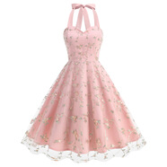 君瑞思?xì)W美無袖吊帶連衣裙禮服網(wǎng)紗刺繡繡花優(yōu)雅時尚裙子 粉色 2XL
