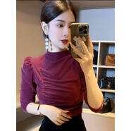 翱笛法式氣質(zhì)半高領(lǐng)長袖絲絨T恤女秋百搭褶皺修身顯瘦打底衫內(nèi)搭上衣 紫紅色 S[建議80-100斤] 均碼
