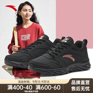 安踏（ANTA）運動鞋女鞋媽媽鞋軟底黑色跑鞋女士皮面輕便減震跑步鞋子 【秋季皮面】5515-9黑粉 35.5 35.5碼