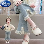 迪士尼（Disney）女童開叉喇叭褲春秋款2025新款洋氣時(shí)髦百搭牛仔褲兒童褲子春裝潮 (花邊開叉款)喇叭褲 100 (身高90-100cm)