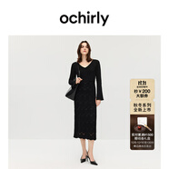 歐時力OCHIRLY 羊毛V領波紋毛織連衣裙長裙配吊帶裙2025秋季新品 黑色 L