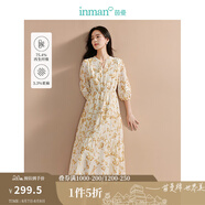 茵曼（INMAN）【商場同款】亞麻再生纖維碎花裙2025春秋女裝新品系帶領(lǐng)連衣裙 落葉黃 M