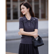 德瑪納【手工亮片小花裝飾】夏季靜奢翻領(lǐng)絞花線(xiàn)衫柔彈短袖針織衫女上衣