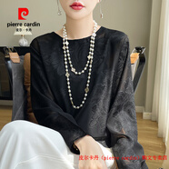 皮爾卡丹（pierre cardin）超重磅國(guó)風(fēng)新中式真絲上衣女夏微透薄款醋酸長(zhǎng)袖襯衫防曬罩衫T恤 經(jīng)典黑 M 80-110