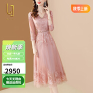 OLJ高檔品牌連衣裙女2025年夏季新款氣質(zhì)重工繡花網(wǎng)紗鑲鉆刺繡裙子 粉色 XL